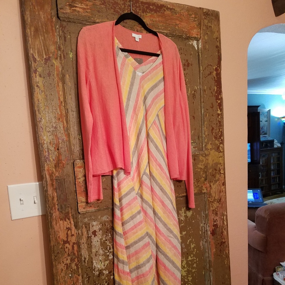Coral multi-Linen Sundress w/ sweetheart sweater